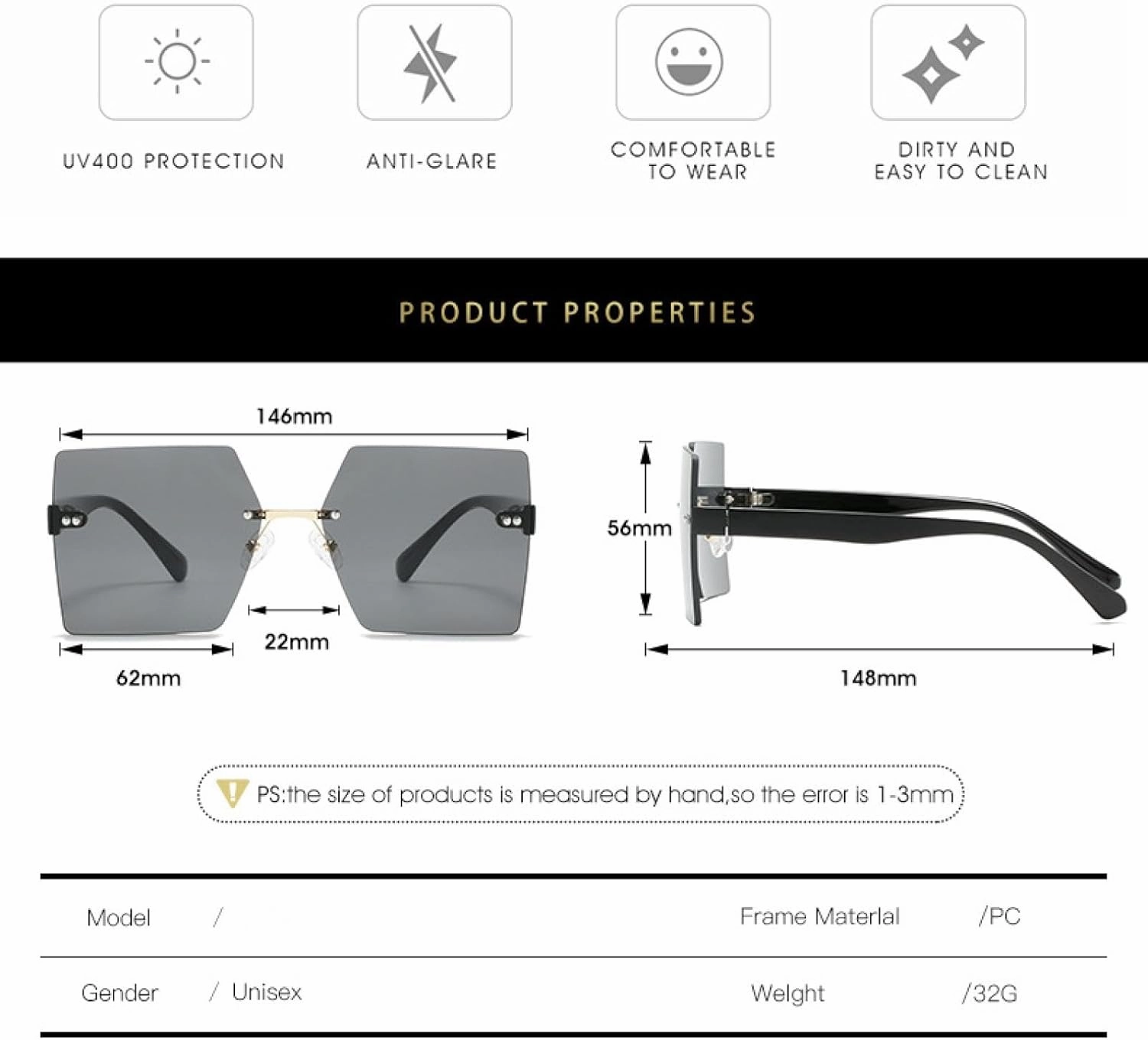 Fashion Luxury Rimless Sunglasses Women and Men Outdoors Travel Driving Shade Sun Glasses Uv400