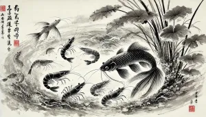 Fish and Shrimp Works in Chinese Ink Painting Style Theme Wooden Puzzle for Home Decor DIY Fun Game Family Educational Games Toys Gifts Wooden Puzzle 500 Pieces