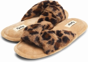 Floopi Summer Indoor Outdoor Open Toe Slippers for Women with Memory Foam, Soft Velour Criss Cross Faux Fur, Anti Skid Rubber Outsole