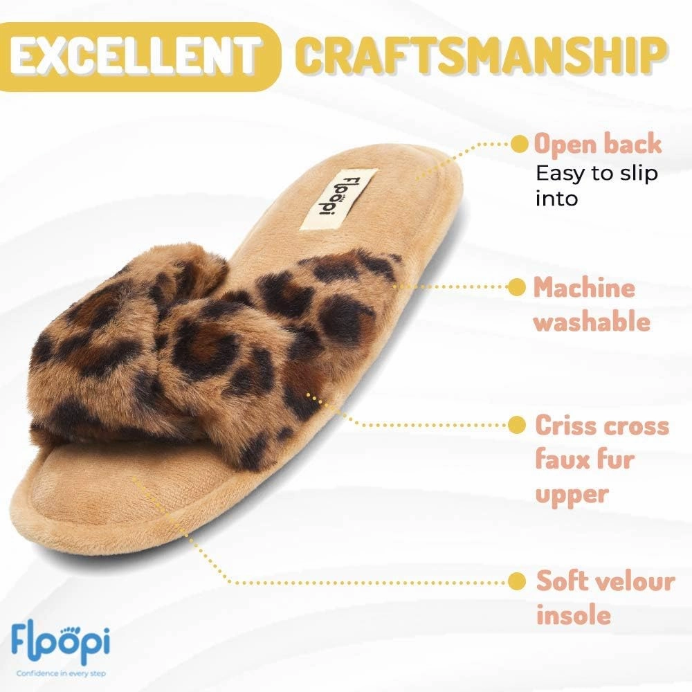 Floopi Summer Indoor Outdoor Open Toe Slippers for Women with Memory Foam, Soft Velour Criss Cross Faux Fur, Anti Skid Rubber Outsole