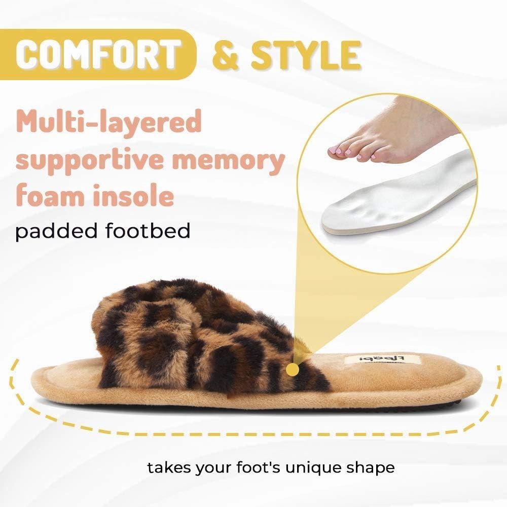 Floopi Summer Indoor Outdoor Open Toe Slippers for Women with Memory Foam, Soft Velour Criss Cross Faux Fur, Anti Skid Rubber Outsole