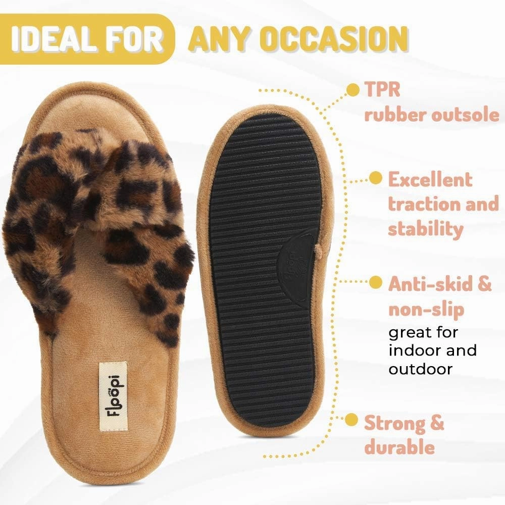 Floopi Summer Indoor Outdoor Open Toe Slippers for Women with Memory Foam, Soft Velour Criss Cross Faux Fur, Anti Skid Rubber Outsole