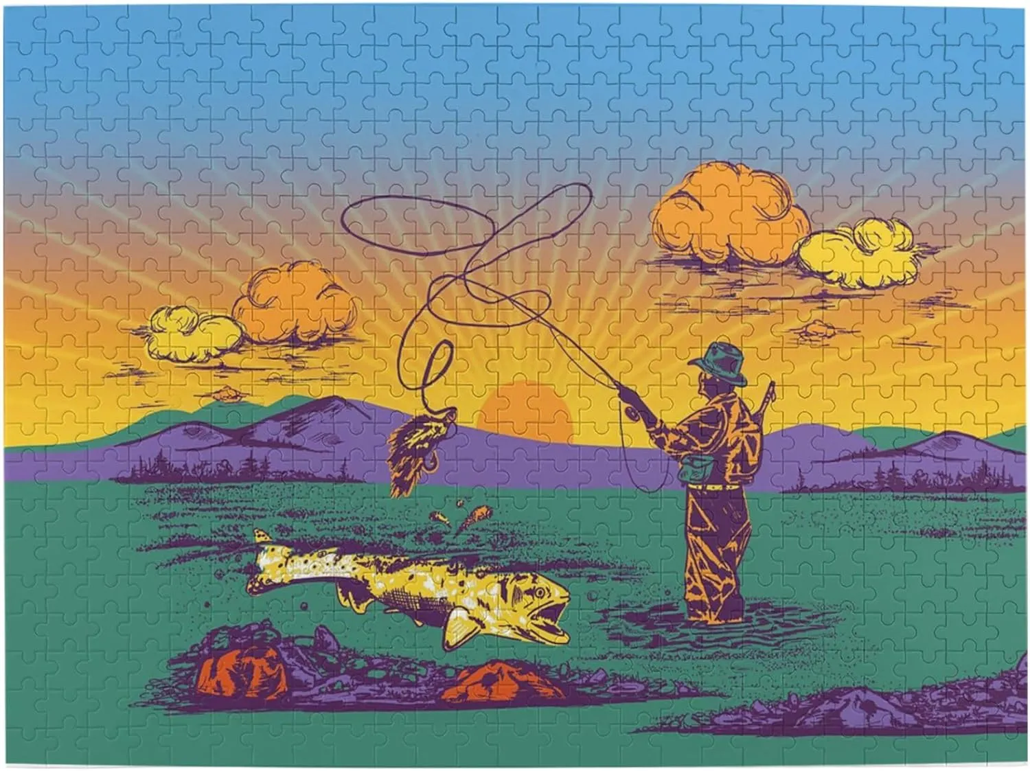 Fly Fishing Wooden Puzzle 500 Piece Puzzles for Adults, Funny Toys & Family Game Artwork Jigsaw Puzzles,Eco-Friendly Materials,Unique Gift,Challenging Brain Teaser