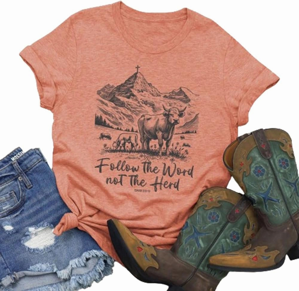 Follow The Word Not The Herd T-Shirt, Christian Western Country Shirt, Short Sleeve Crew Neck Graphic T-Shirt for Women
