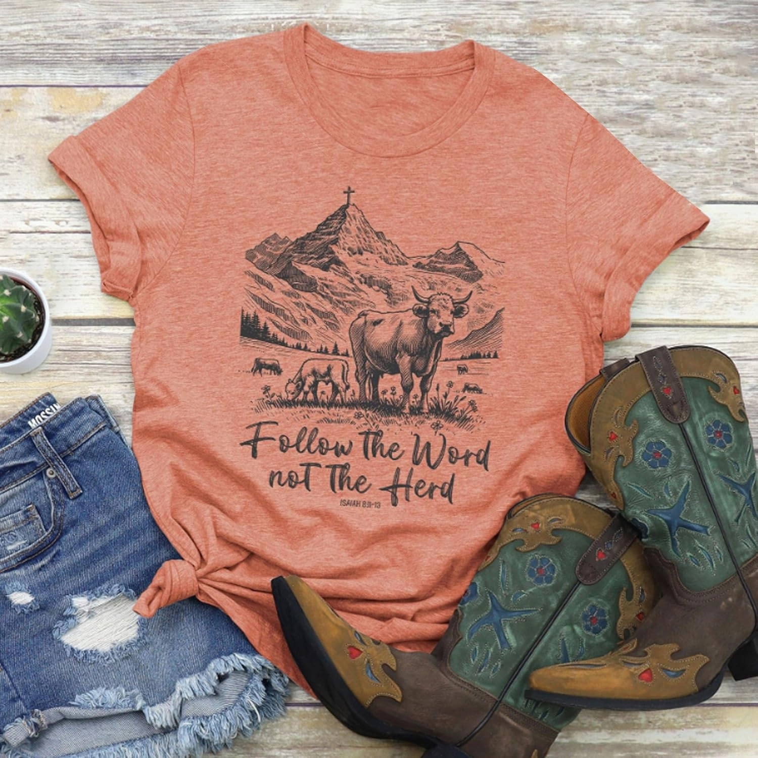 Follow The Word Not The Herd T-Shirt, Christian Western Country Shirt, Short Sleeve Crew Neck Graphic T-Shirt for Women