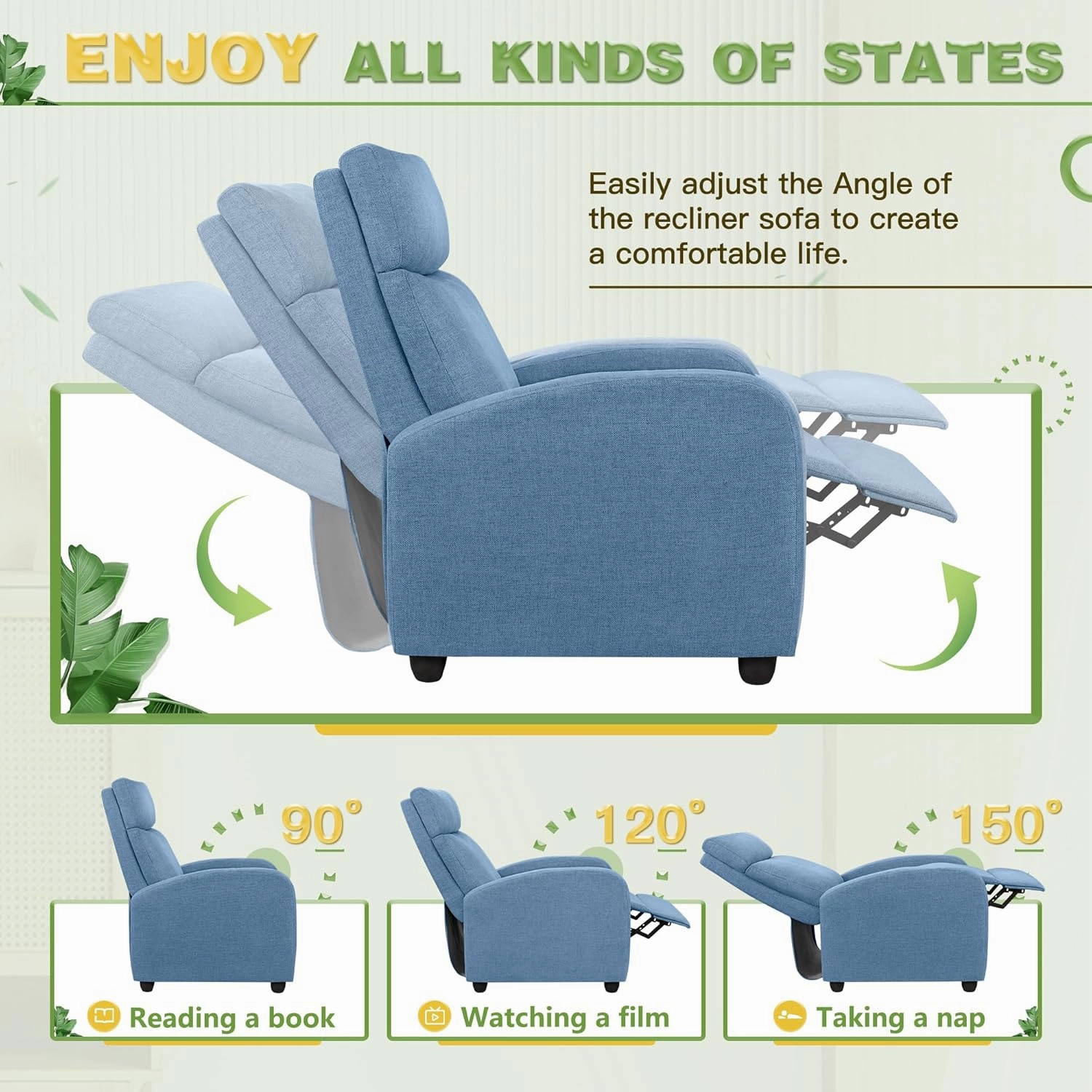 Furniwell Massage Recliner Chair for Living Room Adjustable Fabric Reclining Chair Home Theater Seating Modern Winback Single Sofa for Adults with Footrest (Blue)