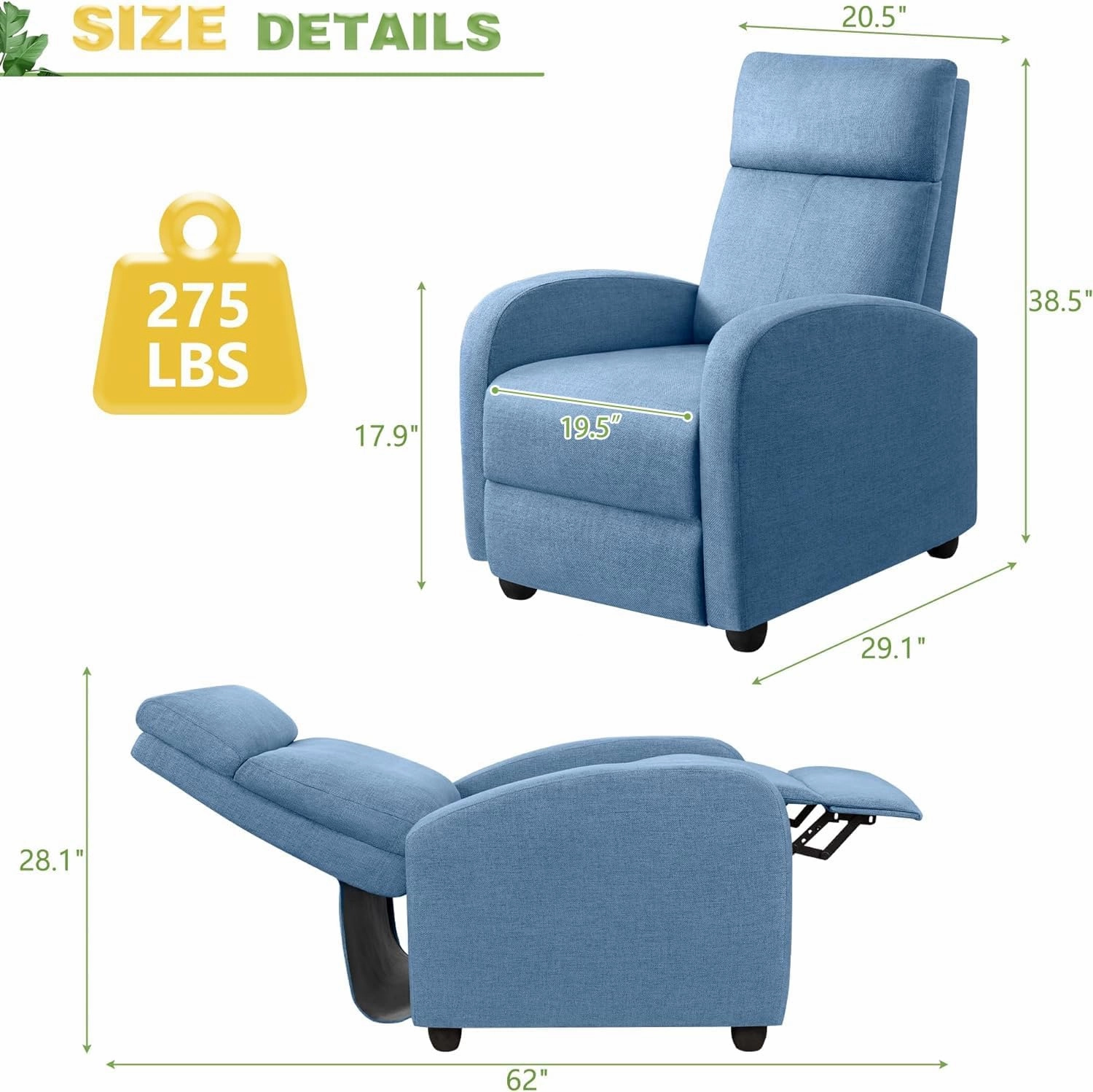 Furniwell Massage Recliner Chair for Living Room Adjustable Fabric Reclining Chair Home Theater Seating Modern Winback Single Sofa for Adults with Footrest (Blue)