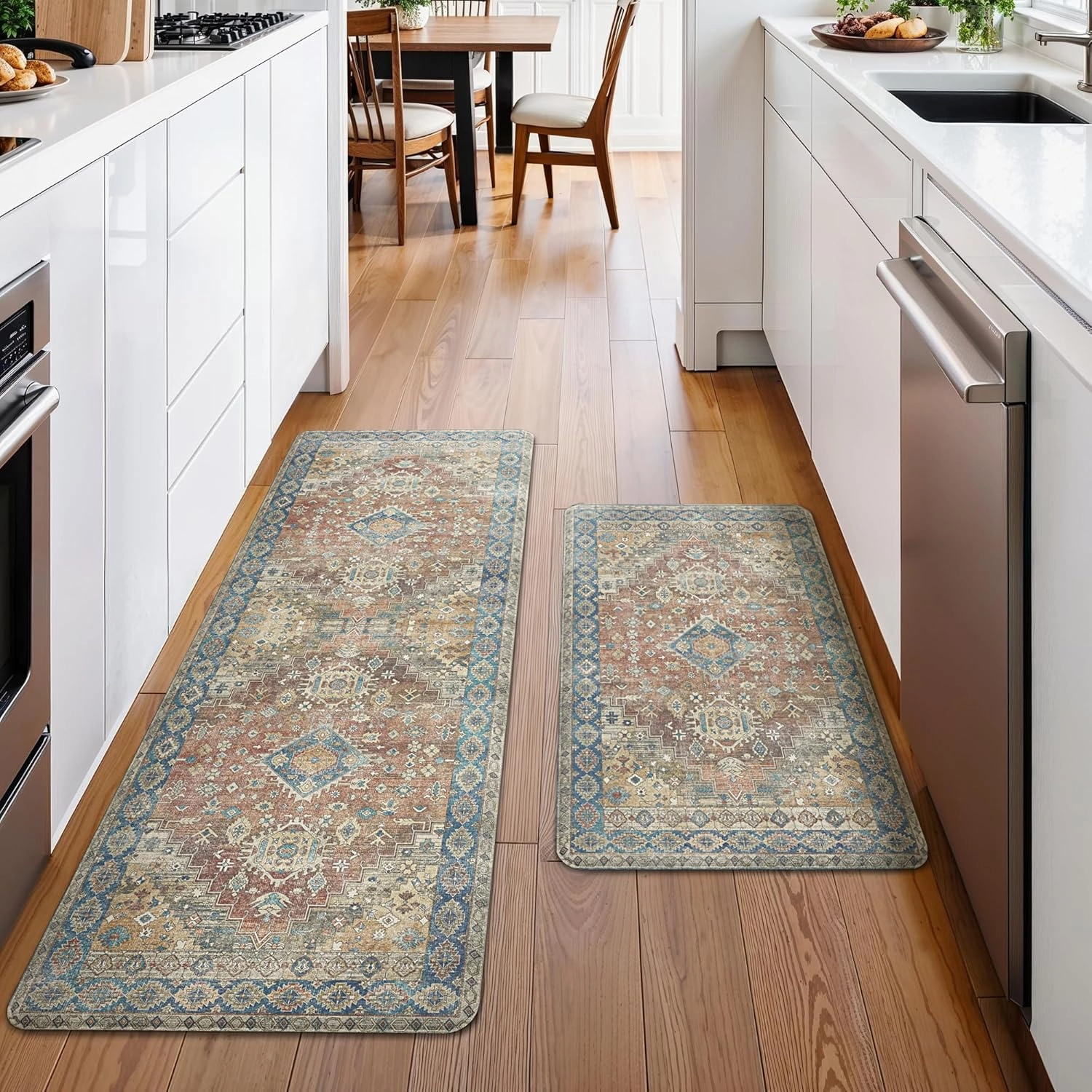 GENIMO Kitchen Mats for Floor, 2PCS Kitchen Rugs Non Slip Washable, Waterproof Anti Fatigue Mat, Comfort Standing Runner Rug for Sink, Office, Laundry, Home, 17.3"x47" 17.3"x30", RetroBrick