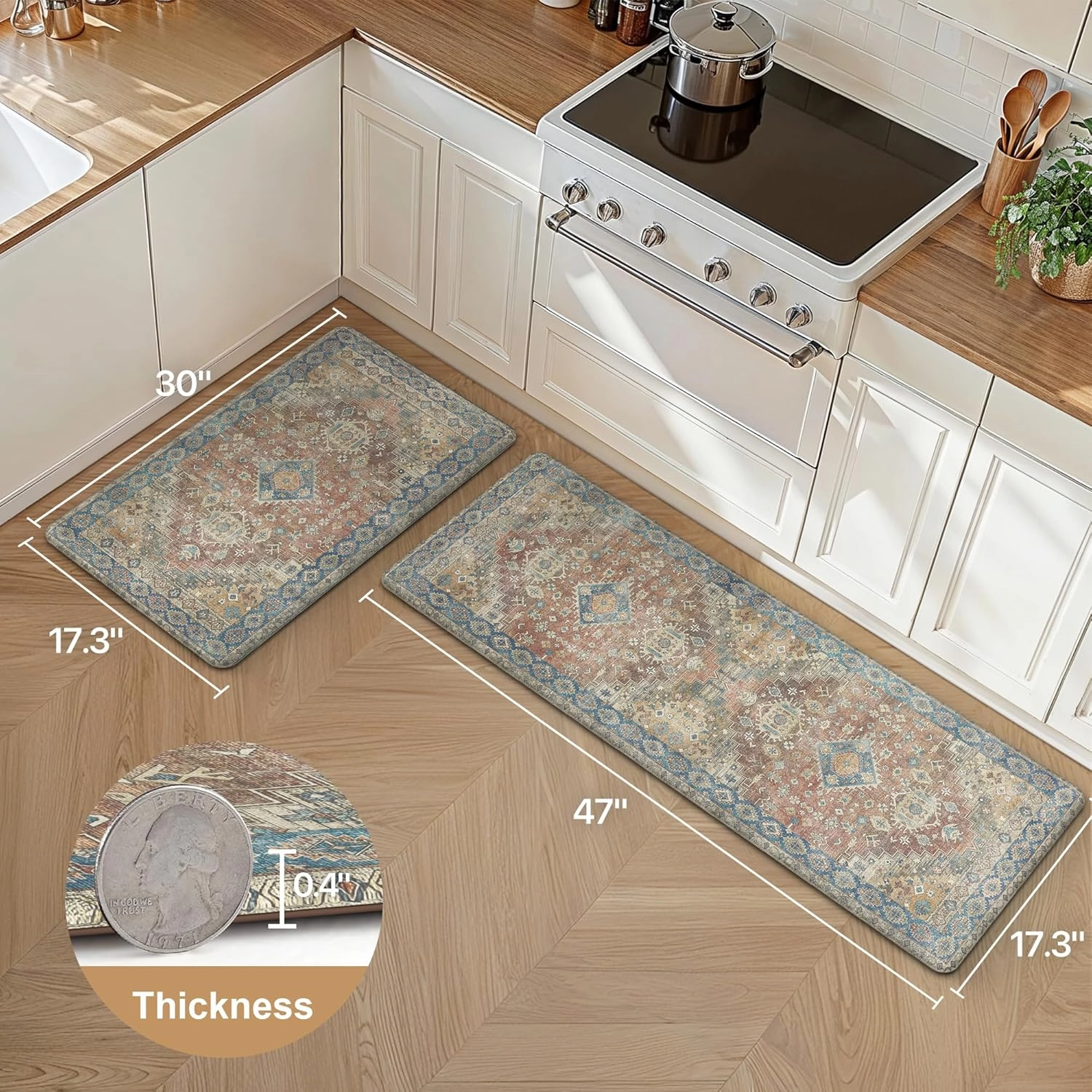 GENIMO Kitchen Mats for Floor, 2PCS Kitchen Rugs Non Slip Washable, Waterproof Anti Fatigue Mat, Comfort Standing Runner Rug for Sink, Office, Laundry, Home, 17.3"x47" 17.3"x30", RetroBrick