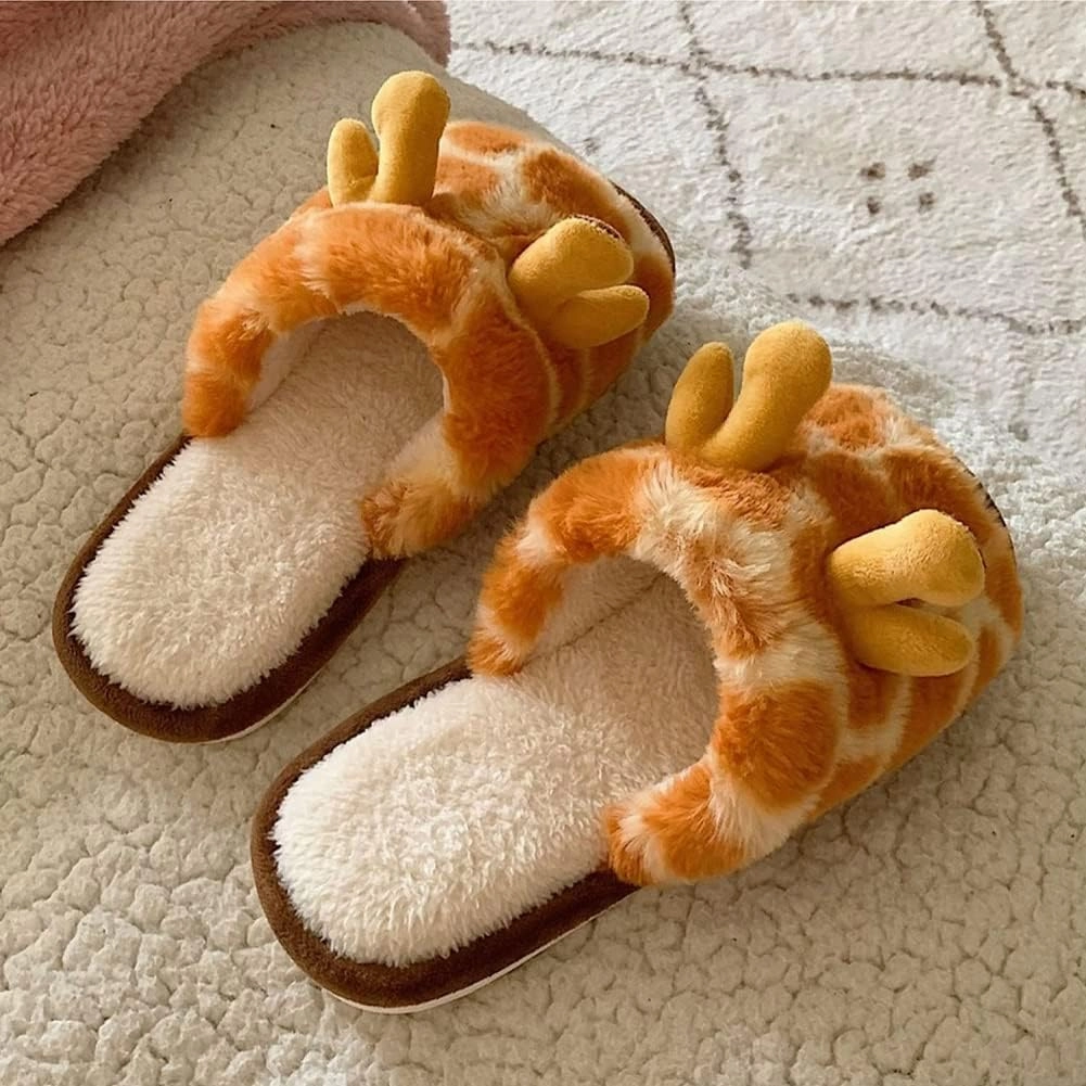 Giraffe Slippers for Women, Cute Plush 3D Giraffe Shaped Slippers for Kids & Adults Slippers Christmas (7-7.5, A)