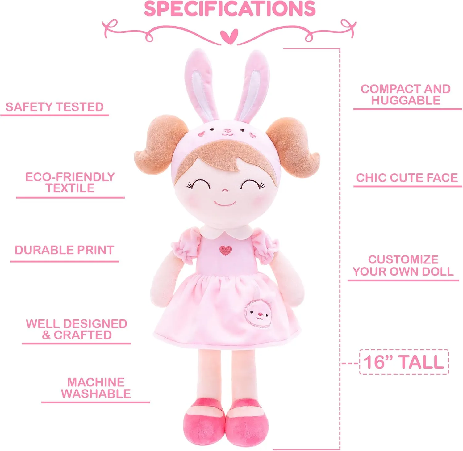 Gloveleya Personalized Doll with Your Name - Cute Pink Bunny Custom Soft Plush Doll for Girls Plush Doll Customized Gifts - Muñecas de Trapo Personalizadas para Niñas