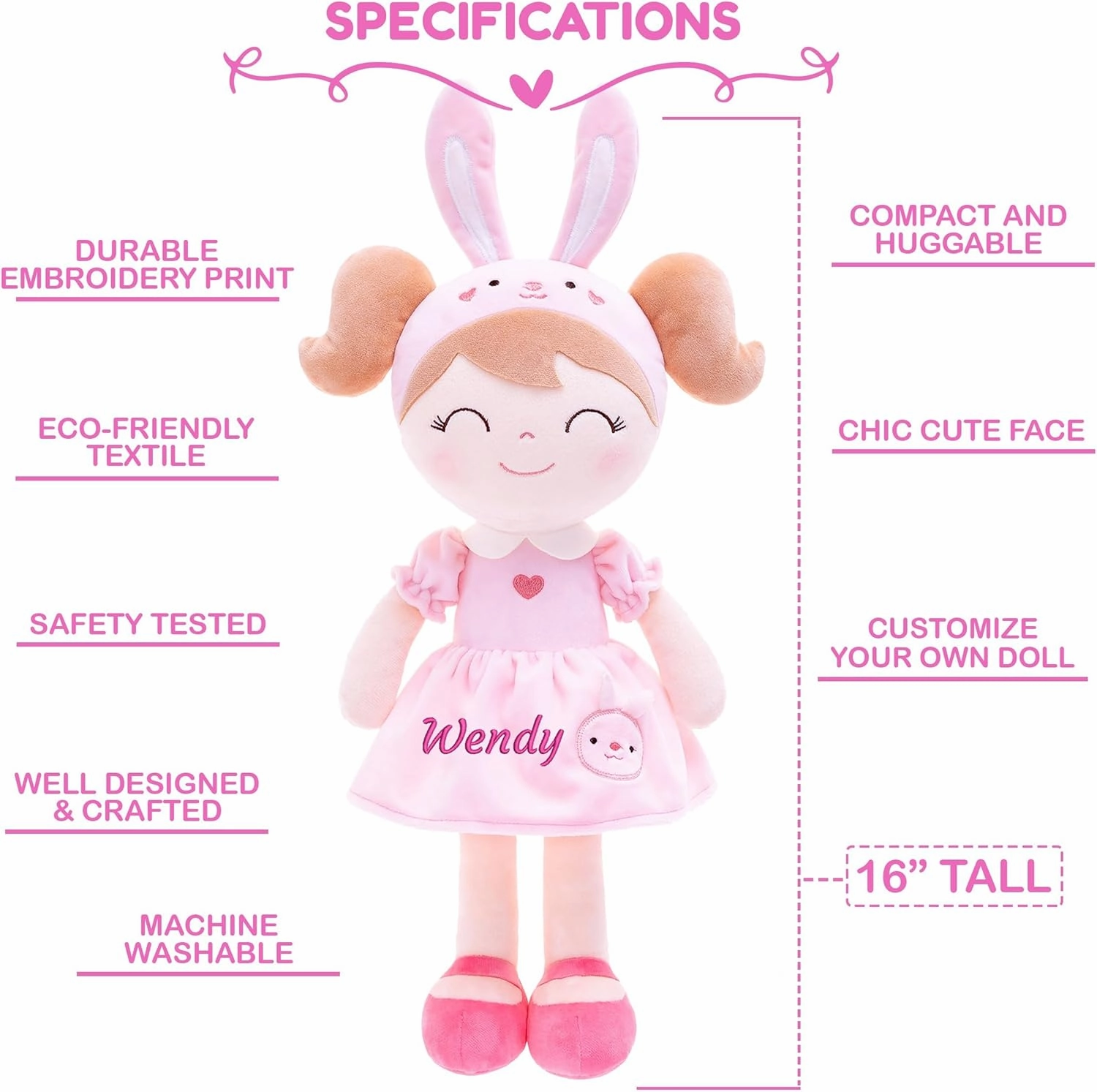 Gloveleya Personalized Doll with Embroidered Name - Pink Bunny Custom Plush Doll for Girls Cute Plush Doll Customized Gift - Muñecas de Trapo Personalizadas para Niñas
