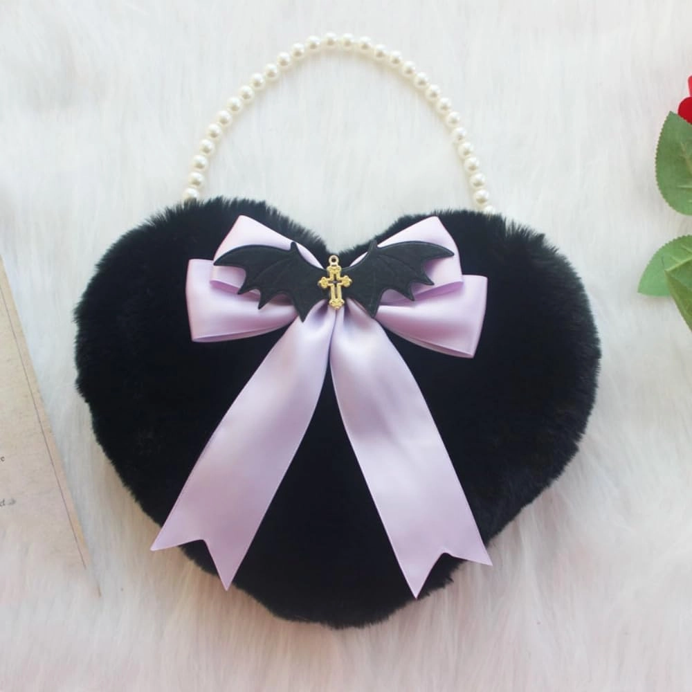 Gothic Lolita Handbag Lace Bow Purse Plush Handle Bag Heart Shaped Handbag Wallets for Women
