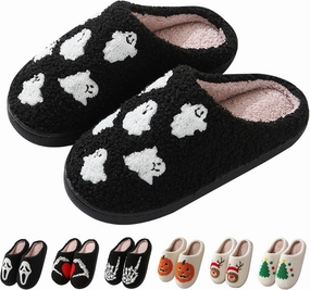 Halloween Slippers for Women Men, Soft Plush Fuzzy Winter holiday slippers, Retro Cozy House Slippers, Comfy Bedroom Christmas Slippers Indoor Outdoor Shoes