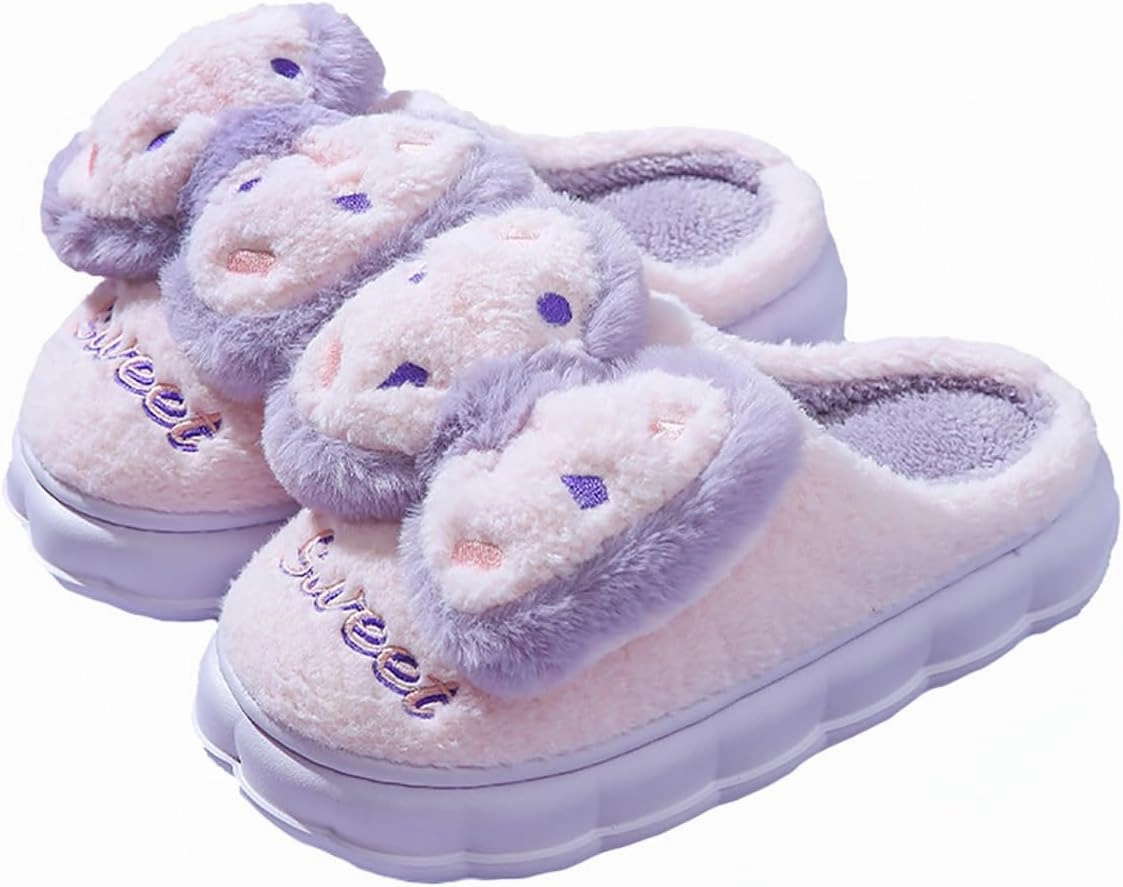 HANDKEI Women's cute bow anti slip thick rubber sole plush slippers for home and indoor use