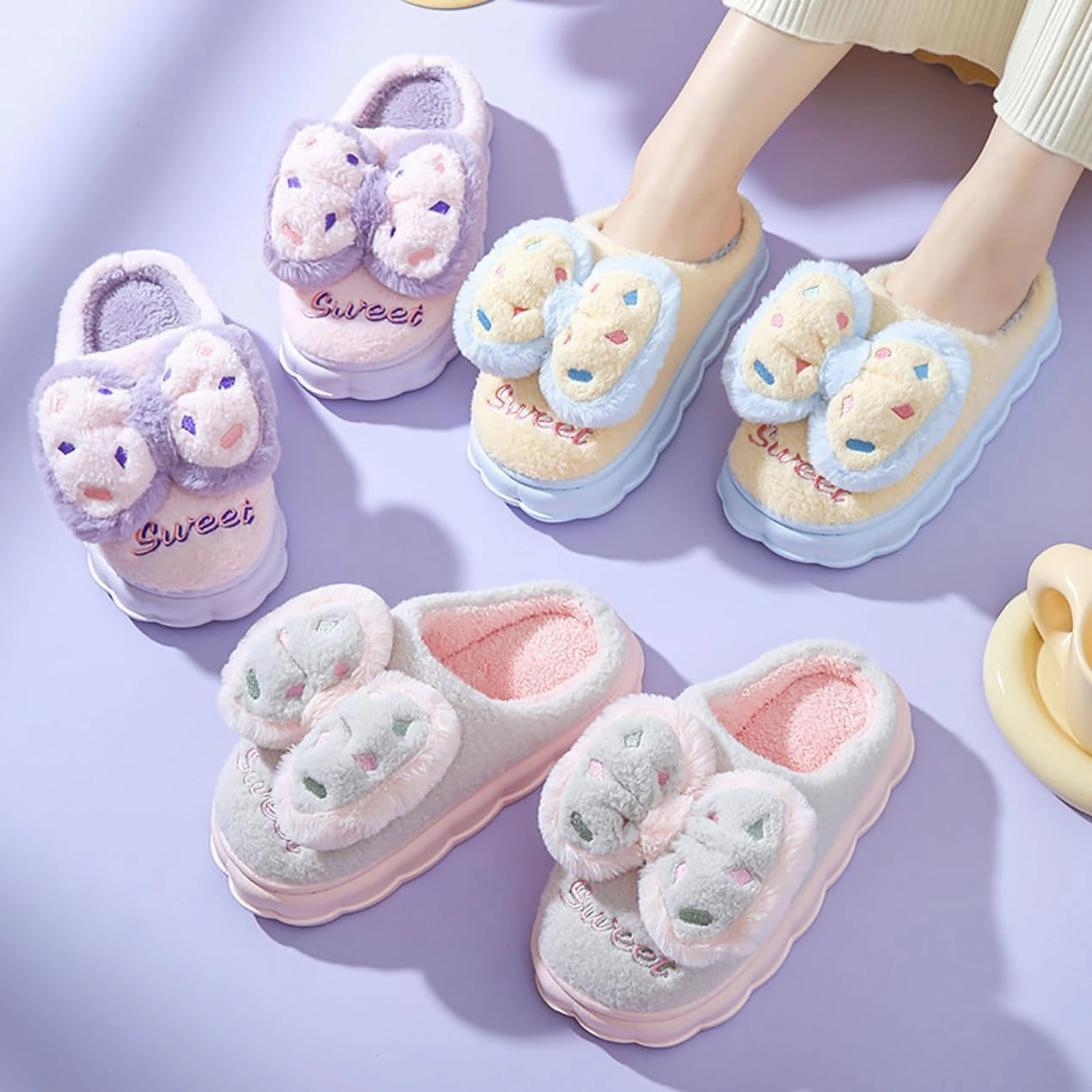 HANDKEI Women's cute bow anti slip thick rubber sole plush slippers for home and indoor use