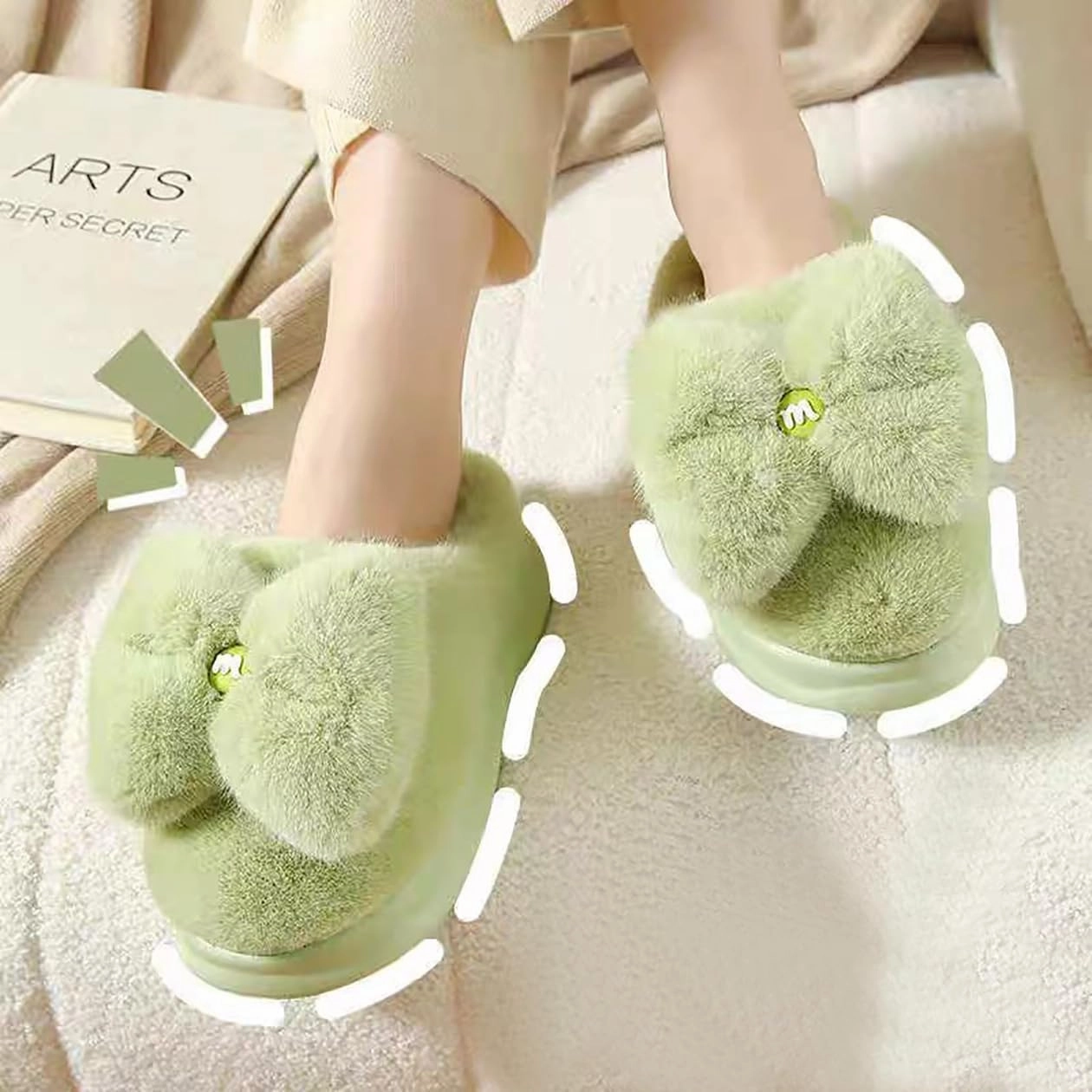 HANDKEI Women's cute bow anti slip thick rubber sole plush slippers for home and indoor use