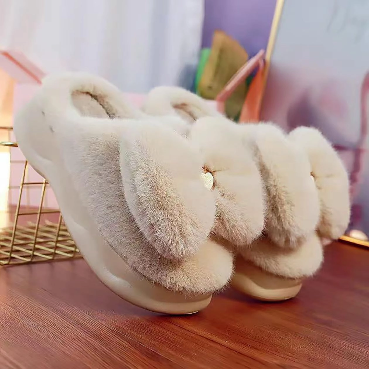 HANDKEI Women's cute bow anti slip thick rubber sole plush slippers for home and indoor use