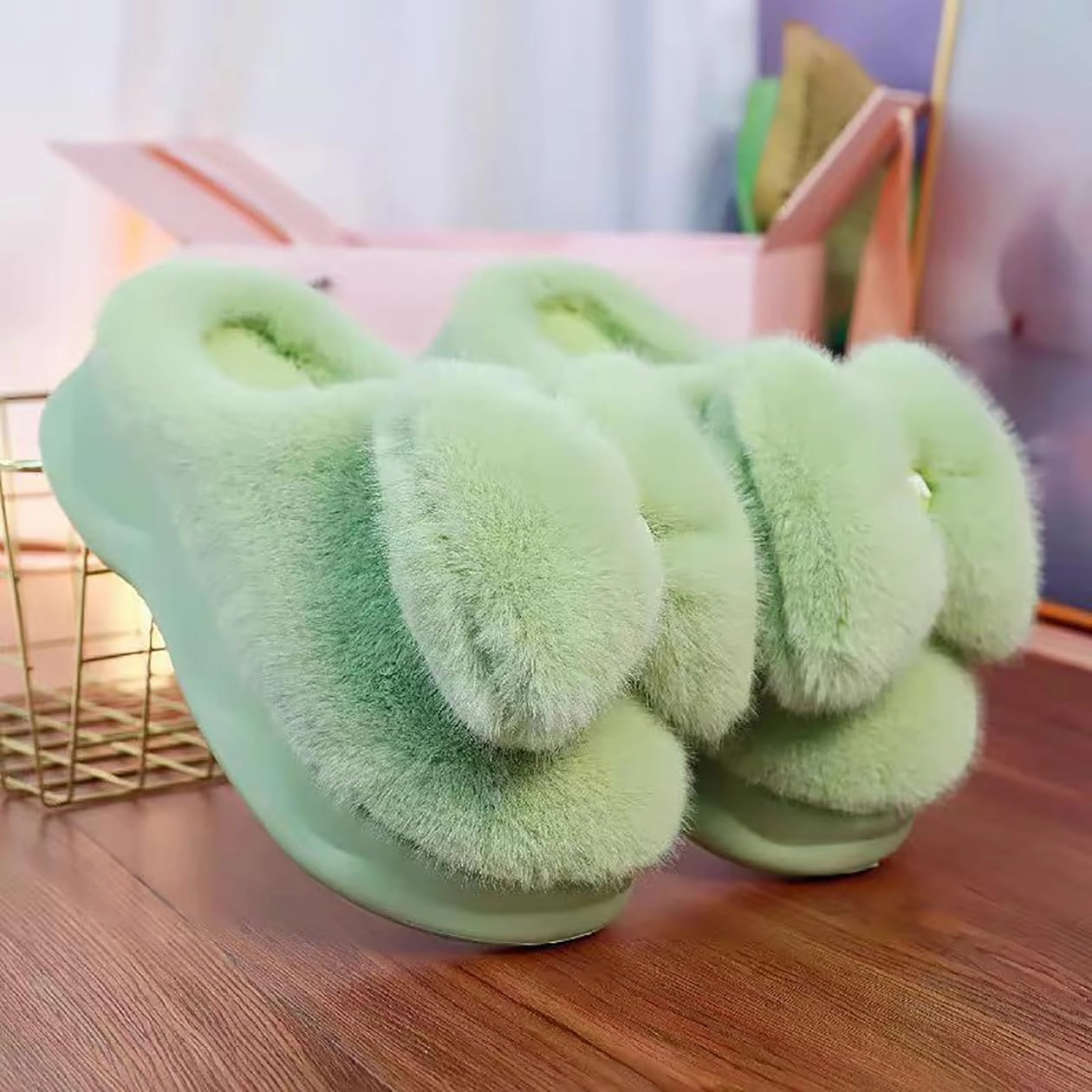 HANDKEI Women's cute bow anti slip thick rubber sole plush slippers for home and indoor use