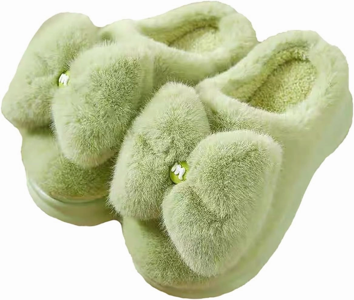 HANDKEI Women's cute bow anti slip thick rubber sole plush slippers for home and indoor use