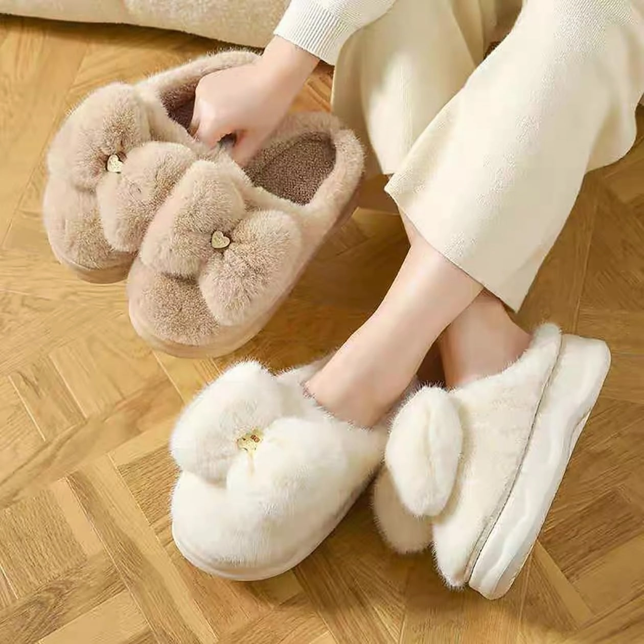 HANDKEI Women's cute bow anti slip thick rubber sole plush slippers for home and indoor use