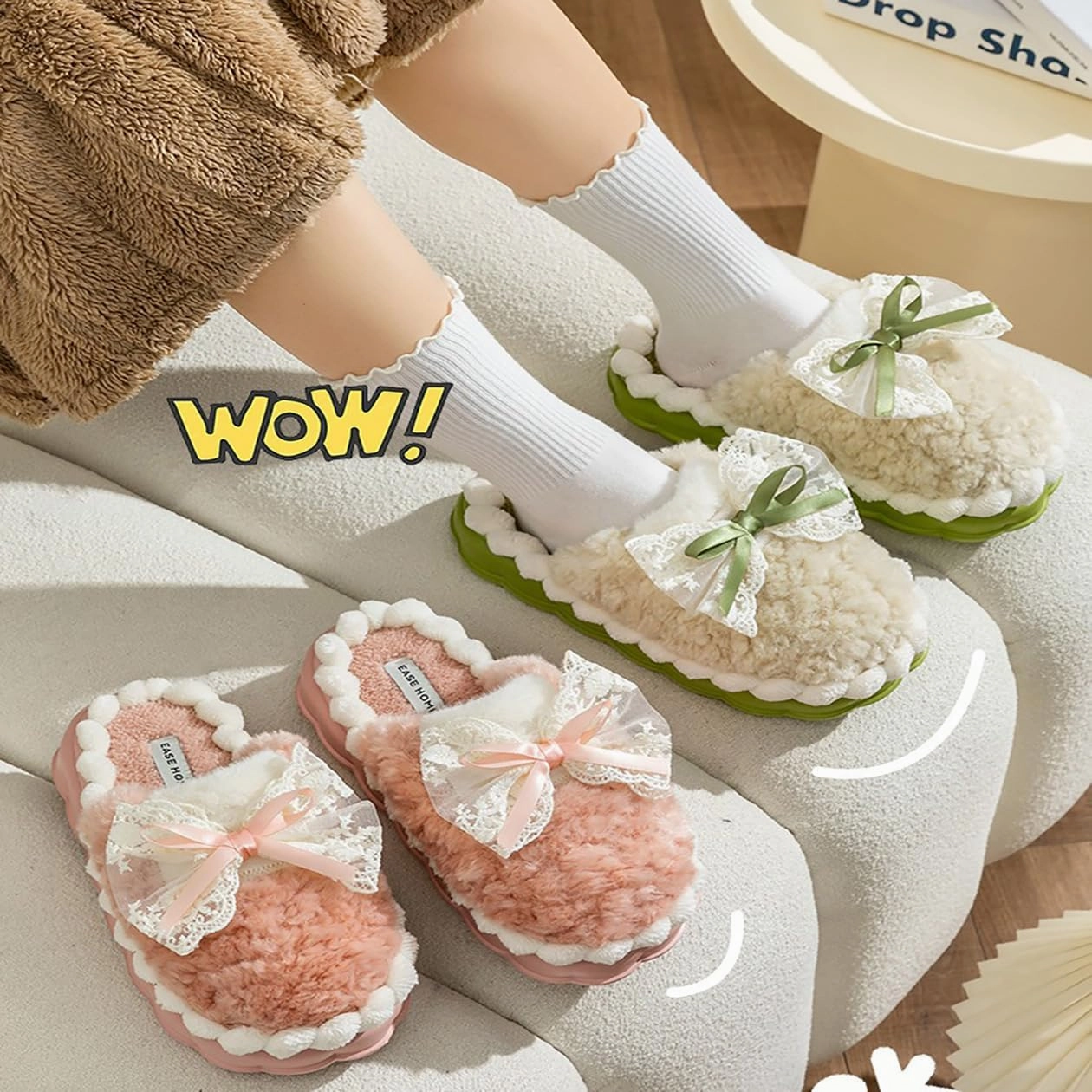 HANDKEI Women's cute bow anti slip thick rubber sole plush slippers for home and indoor use