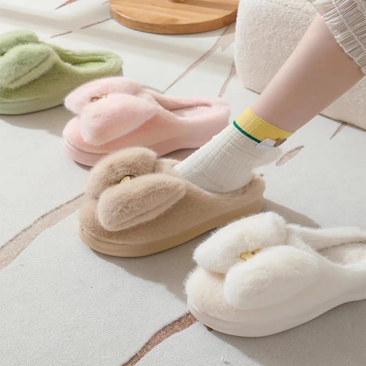 HANDKEI Women's cute bow anti slip thick rubber sole plush slippers for home and indoor use
