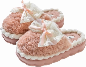 HANDKEI Women's cute bow anti slip thick rubber sole plush slippers for home and indoor use
