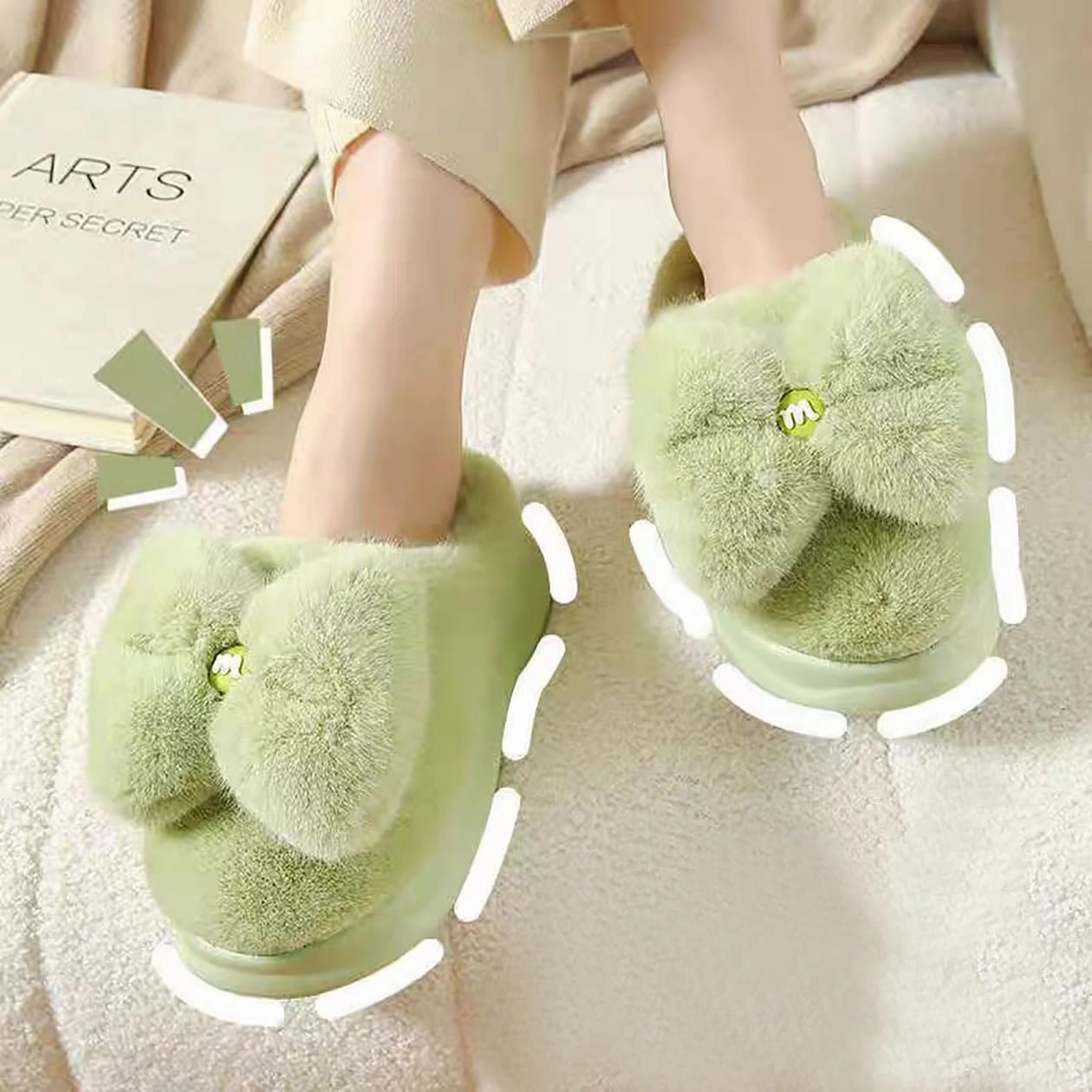 HANDKEI Women's cute bow anti slip thick rubber sole plush slippers for home and indoor use