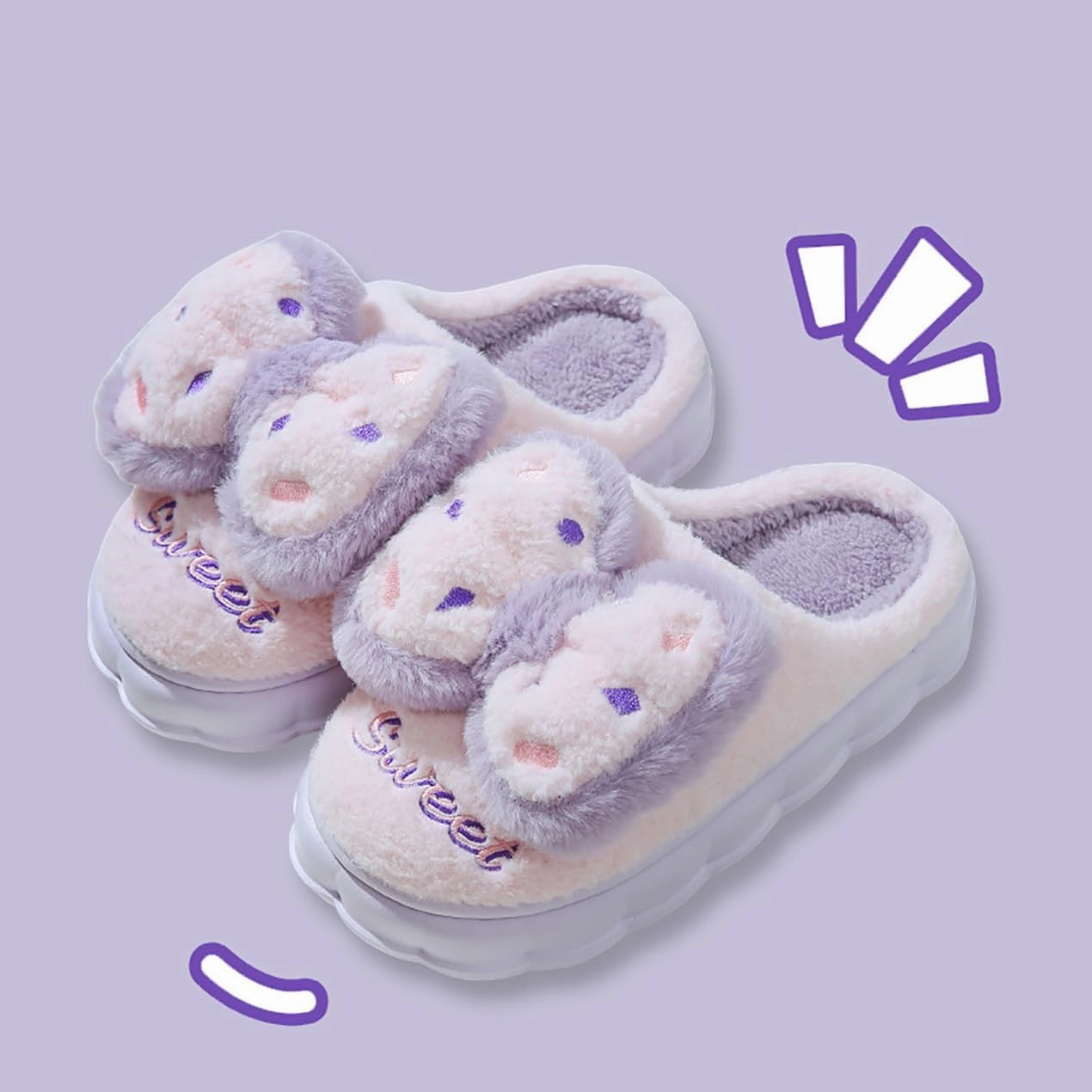 HANDKEI Women's cute bow anti slip thick rubber sole plush slippers for home and indoor use
