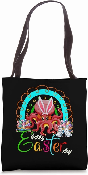 Happy Easter Day Bunny Octopus Chocolate Eggs Basket Rainbow Tote Bag