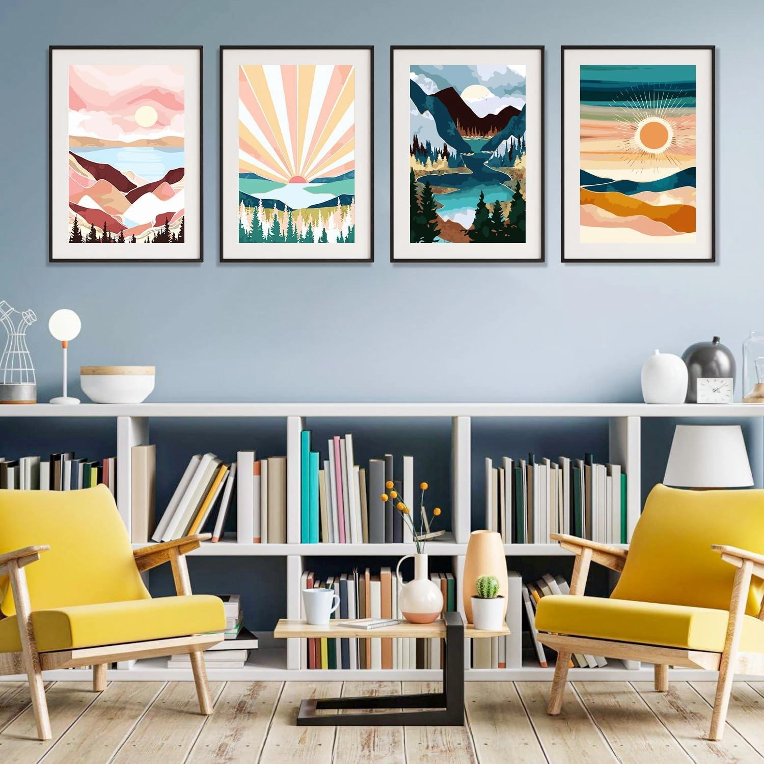 hkejoi 4 Pack Paint by Numbers Kit, Abstract Mountain Scenery for Adults, Acrylic Painting by Numbers for Home Wall Decoration, 16x12 in