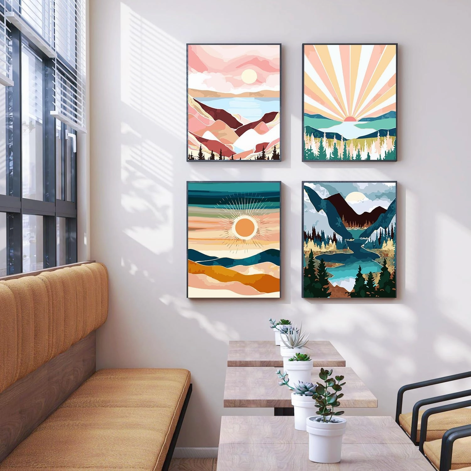 hkejoi 4 Pack Paint by Numbers Kit, Abstract Mountain Scenery for Adults, Acrylic Painting by Numbers for Home Wall Decoration, 16x12 in