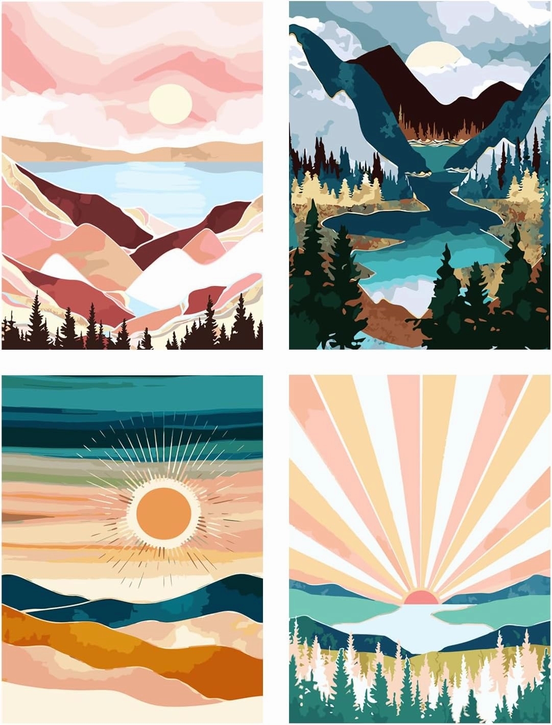 hkejoi 4 Pack Paint by Numbers Kit, Abstract Mountain Scenery for Adults, Acrylic Painting by Numbers for Home Wall Decoration, 16x12 in