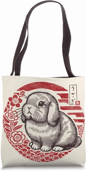 Holland Lop Rabbit Bunny Traditional Japanese Retro Floral Tote Bag