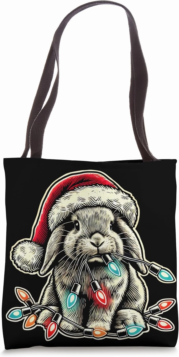 Holland Lop Rabbit Chew Christmas Light Vintage Artistic Tote Bag