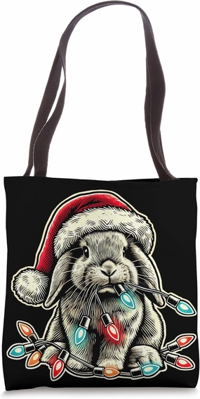 Holland Lop Rabbit Chew Christmas Light Vintage Artistic Tote Bag