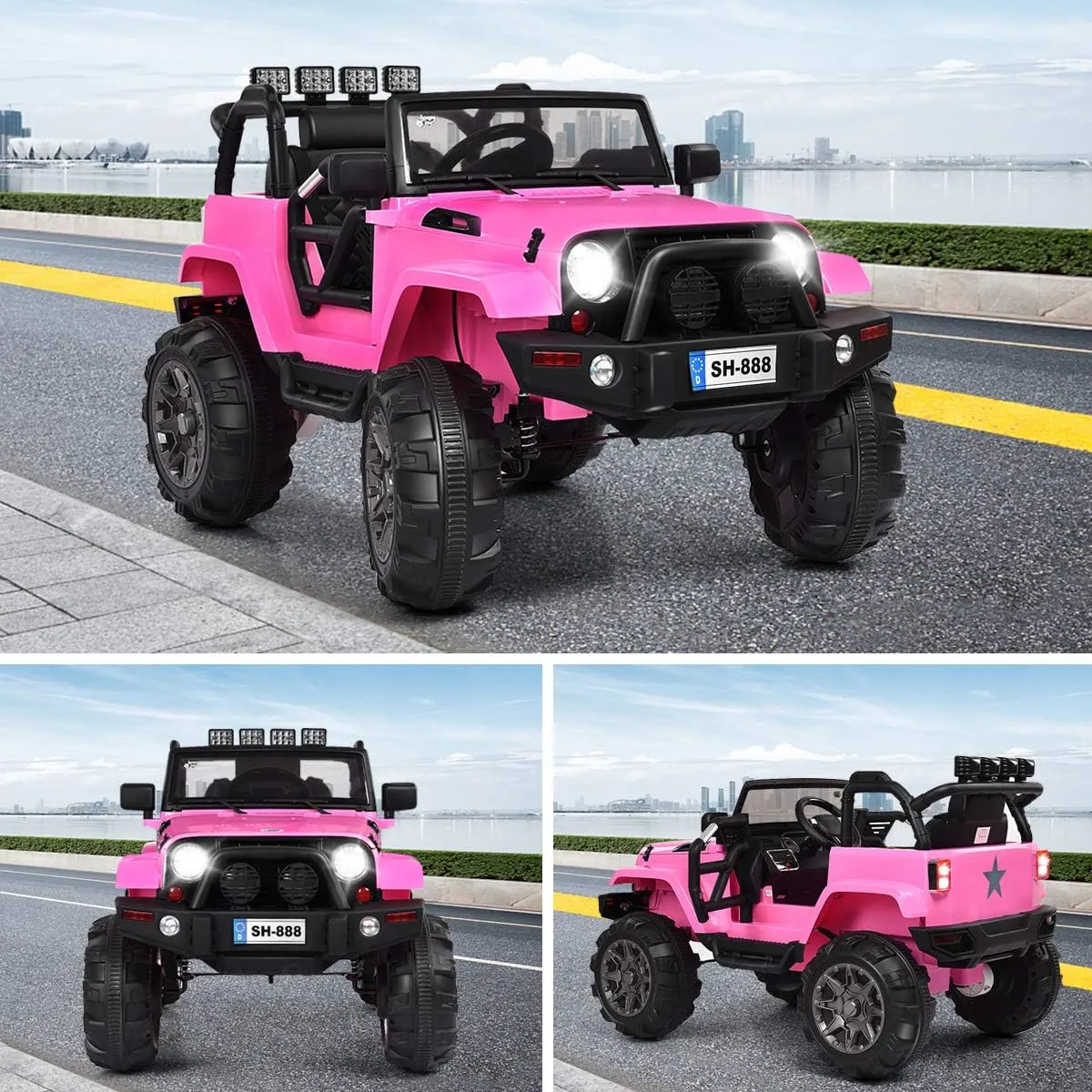 HONEY JOY 12V Ride On Truck, Battery Powered Electric Cars for Kids, Spring Suspension, LED Lights, Remote Control, Openable Door, Safety Belt, Toddler 4 Wheeler Ride On Toys Car for Girls(Pink)