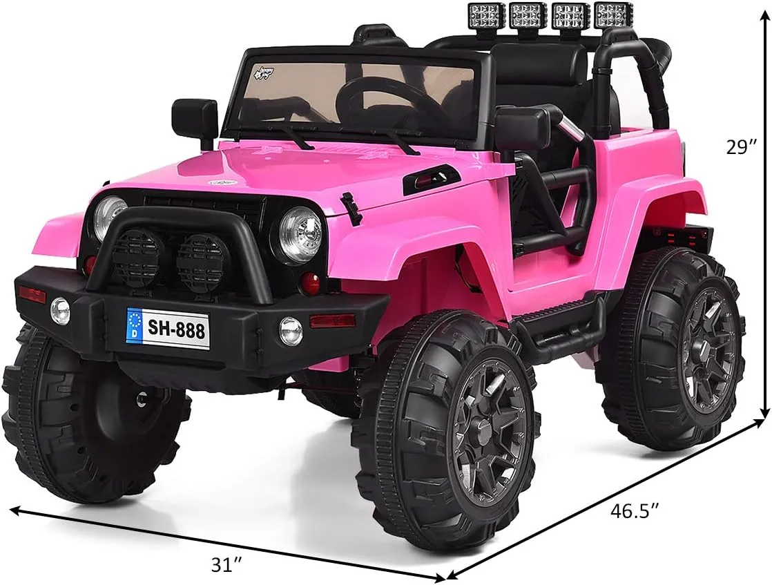 HONEY JOY 12V Ride On Truck, Battery Powered Electric Cars for Kids, Spring Suspension, LED Lights, Remote Control, Openable Door, Safety Belt, Toddler 4 Wheeler Ride On Toys Car for Girls(Pink)
