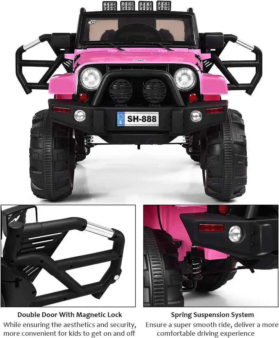 HONEY JOY 12V Ride On Truck, Battery Powered Electric Cars for Kids, Spring Suspension, LED Lights, Remote Control, Openable Door, Safety Belt, Toddler 4 Wheeler Ride On Toys Car for Girls(Pink)