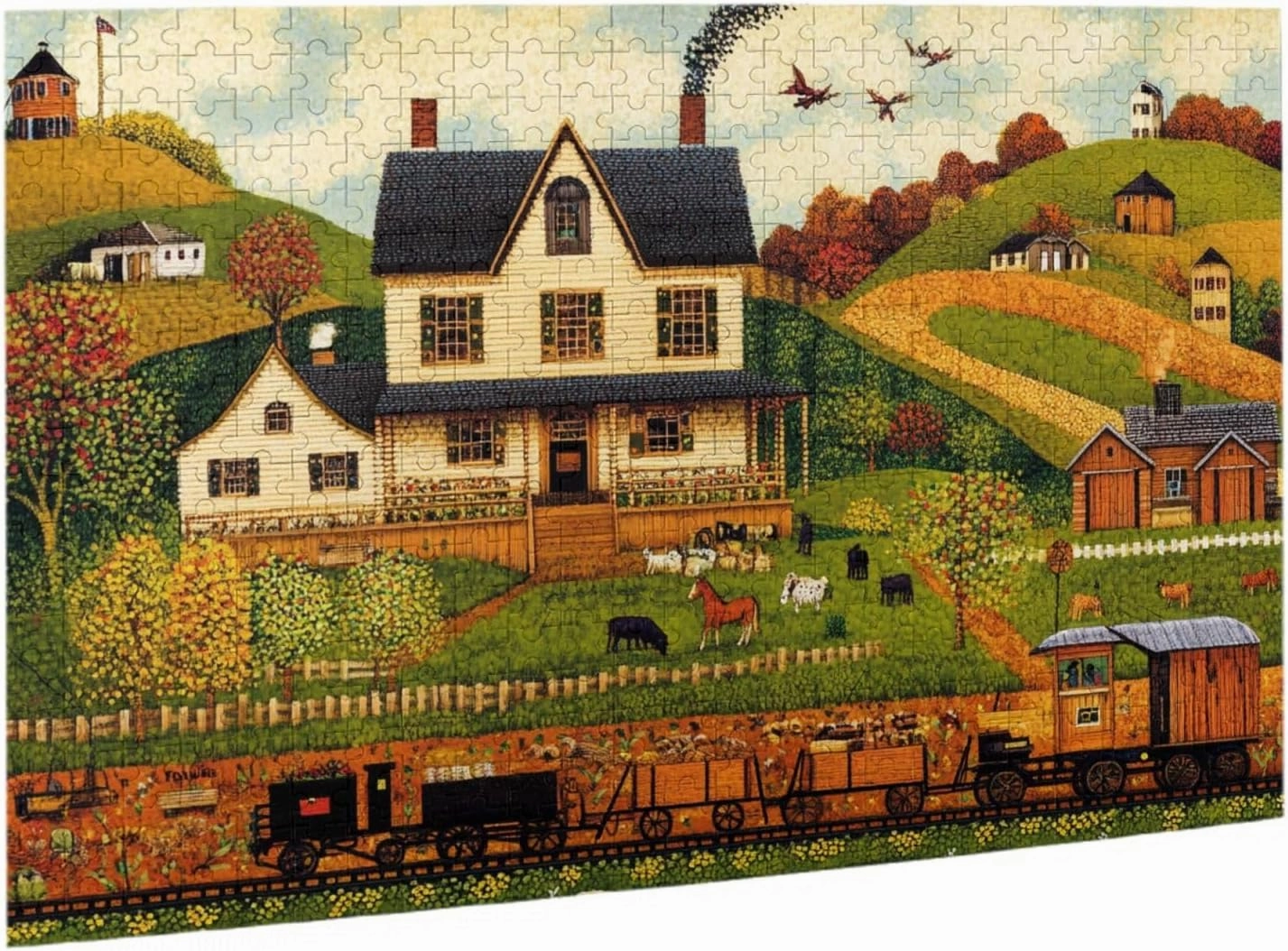 Houses and Trains 500 pcs Adult Wooden Jigsaw Puzzle,Fields,Classic Countryside Charm,Unique Adults Artworks,Exercise Brain Power,Ideal for Hands-on abilit，Gifts for Family