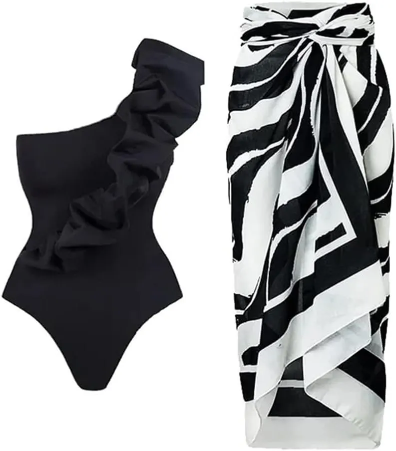IBAKOM Three Pieces Swimsuits for Women with Matching Wrap Skirt Swim Top Tummy Control Bikin Bottom Mesh Sheer Cover Ups