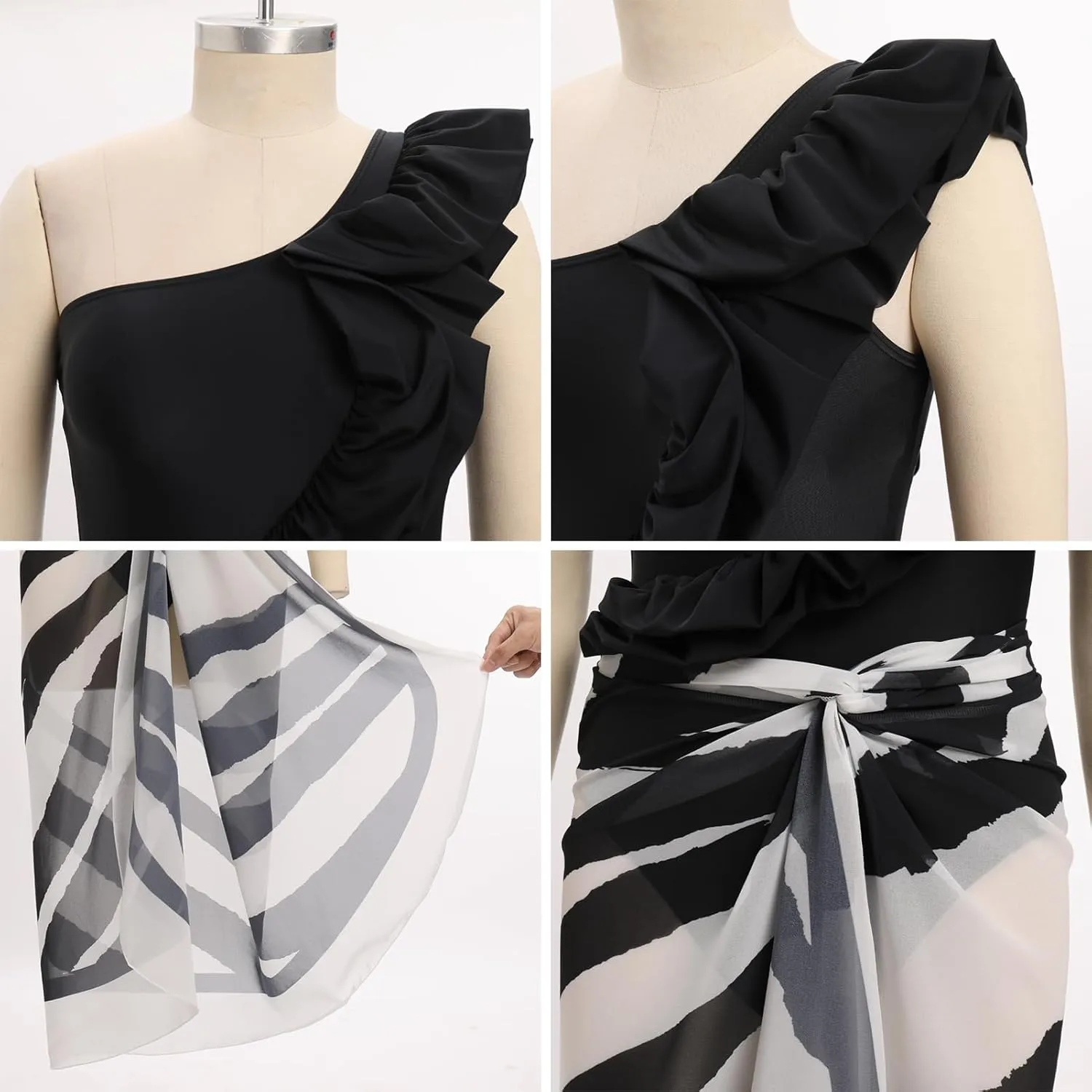 IBAKOM Three Pieces Swimsuits for Women with Matching Wrap Skirt Swim Top Tummy Control Bikin Bottom Mesh Sheer Cover Ups