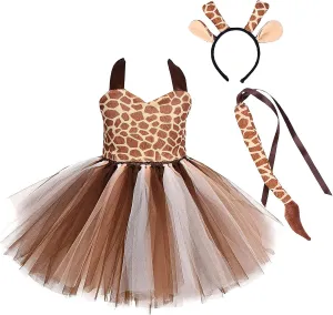 IBTOM CASTLE Prinecss Jungle Animal Costume for Girls Giraffe Cows Tutu Birthday Halloween Dress Up Outfits w/Headband Tails