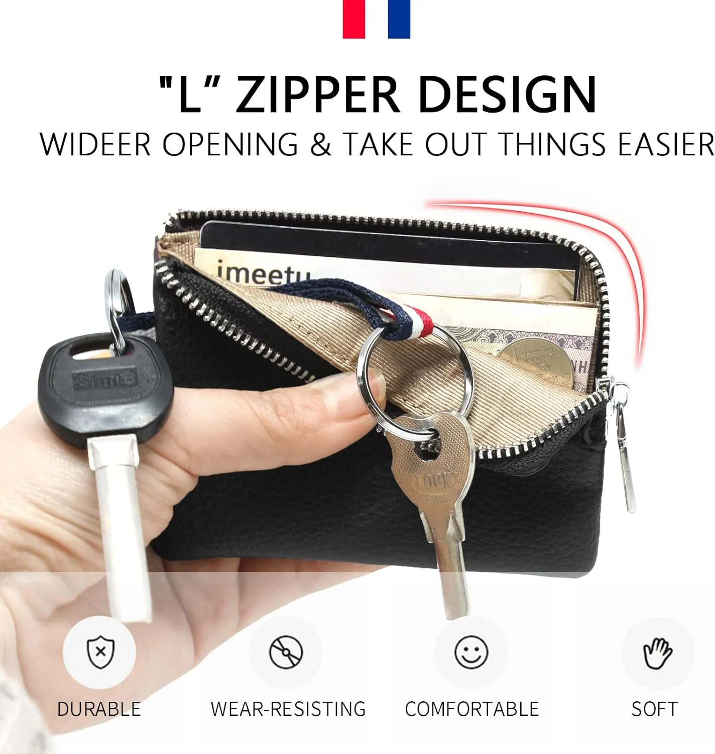 imeetu Leather Coin Purse Wallet, Mini Dual Keyrings Change Pouch Card Holder for Men Women (Black, standard)
