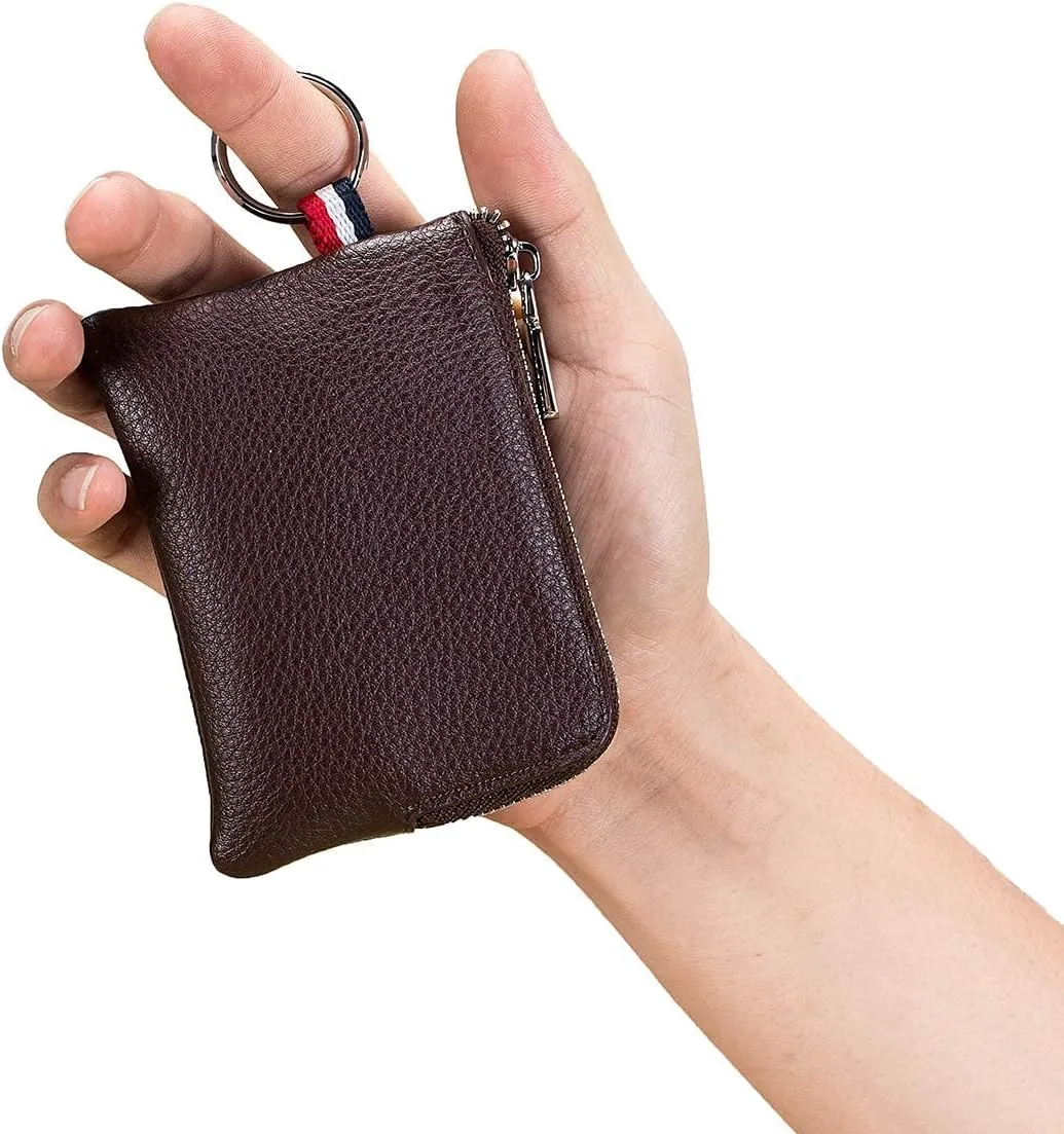 imeetu Leather Coin Purse Wallet, Mini Dual Keyrings Change Pouch Card Holder for Men Women (Coffee, standard)