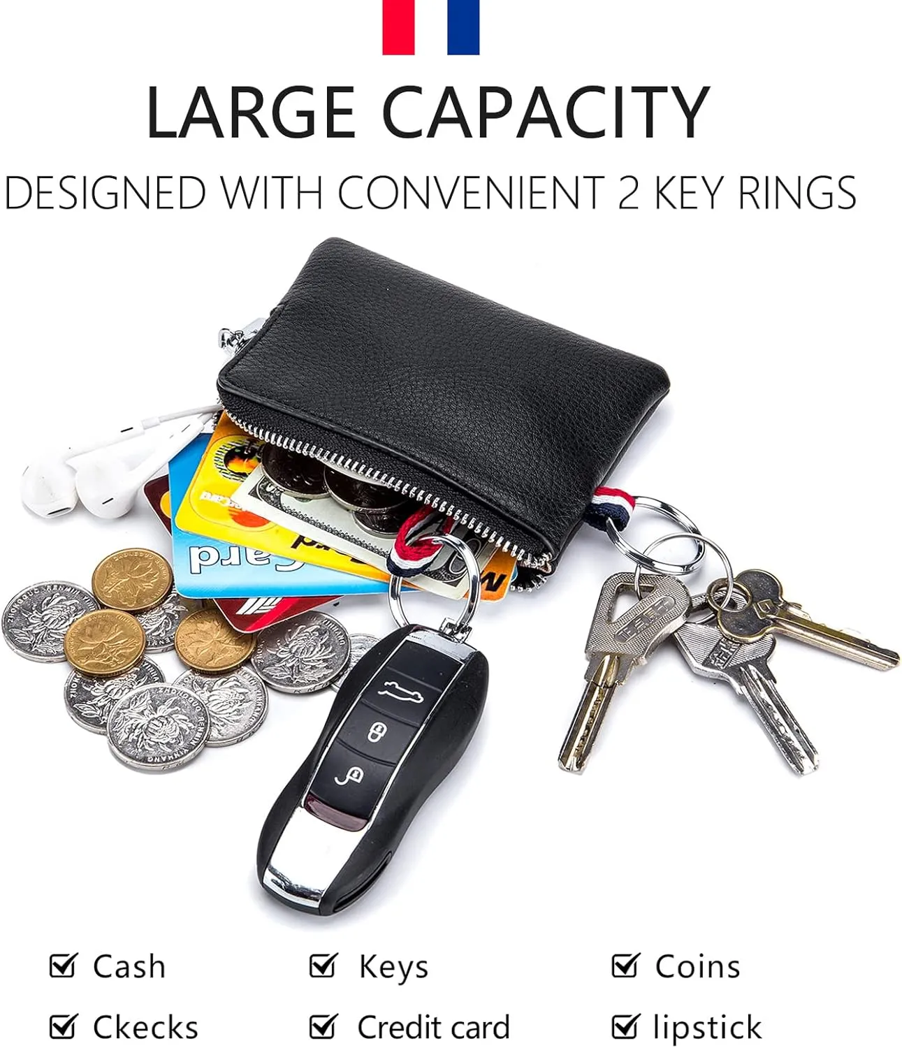 imeetu Leather Coin Purse Wallet, Mini Dual Keyrings Change Pouch Card Holder for Men Women (Coffee, standard)