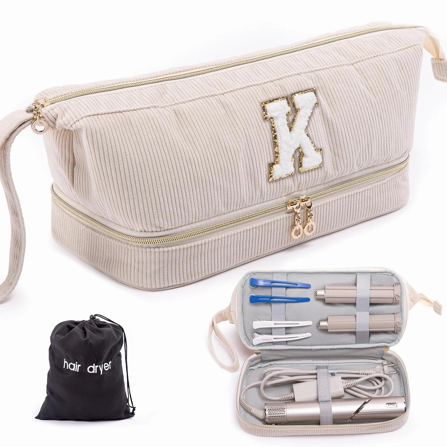 Initial Personalized Hair Dryer Case,Double-Layer Hair Tools Travel Carrying Case for Shark FlexStyle/SmoothStyle with Hair Dryer Bag - Hair Air Wrap Dryer Case Flat Curling Iron Travel Organizer