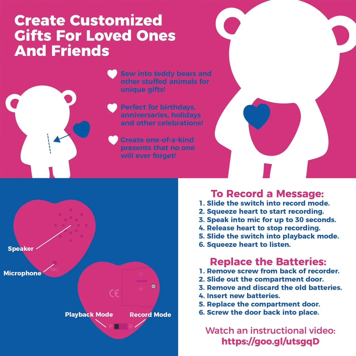 Inventiv 2 Pack, 30 Second Voice Sound Recorder Module for Plush Toy, Stuffed Teddy Bear Animal Recordable Heart, Record Custom Messages (Blue)