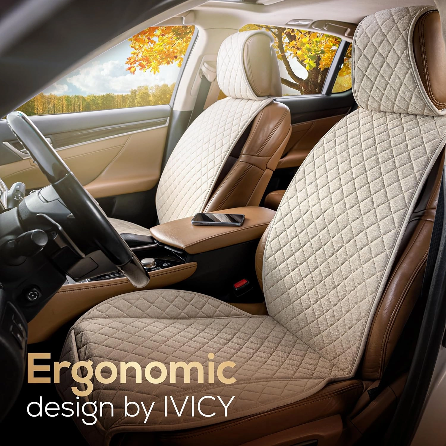IVICY Linen Car Seat Cover for Cars - Non-Slip Soft & Breathable - Front Car Seat Protector Covers Universal Fits Most Automotive, Vans, SUVs, Trucks - 1 Unit - Beige